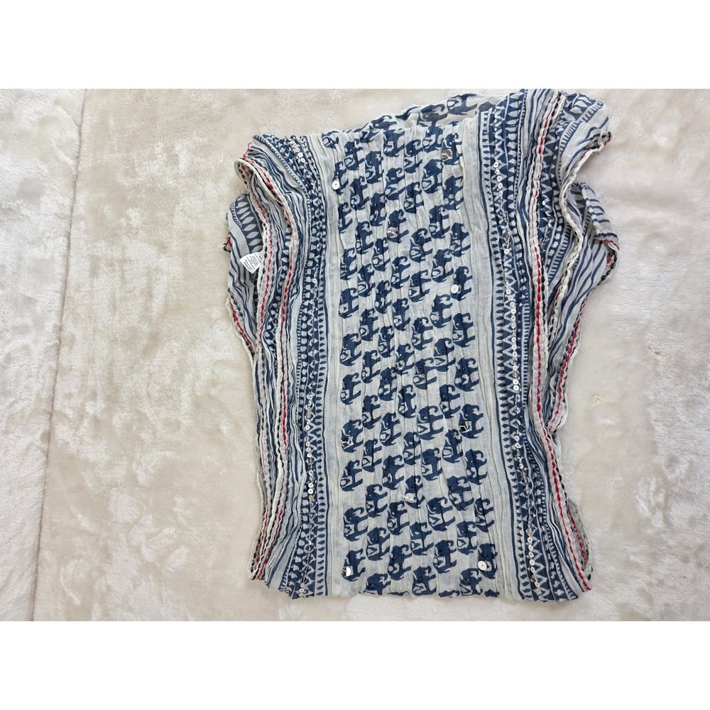 Blue Elephant Print Cotton Scarf Silver Sequin Red Embroidery Boho Wrap India